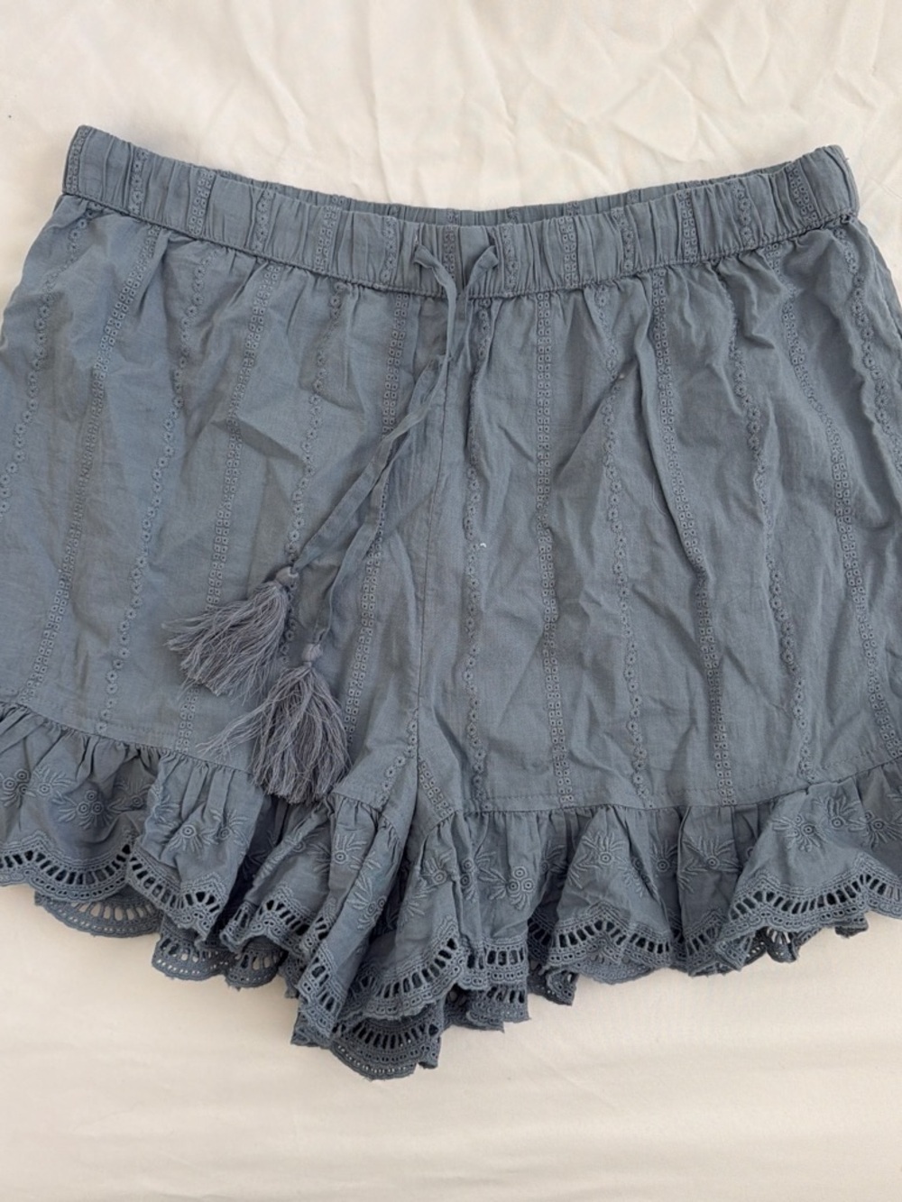 Shabby Chic Slate Blue Eyelet Tassel High Waist Ruffle Shorts